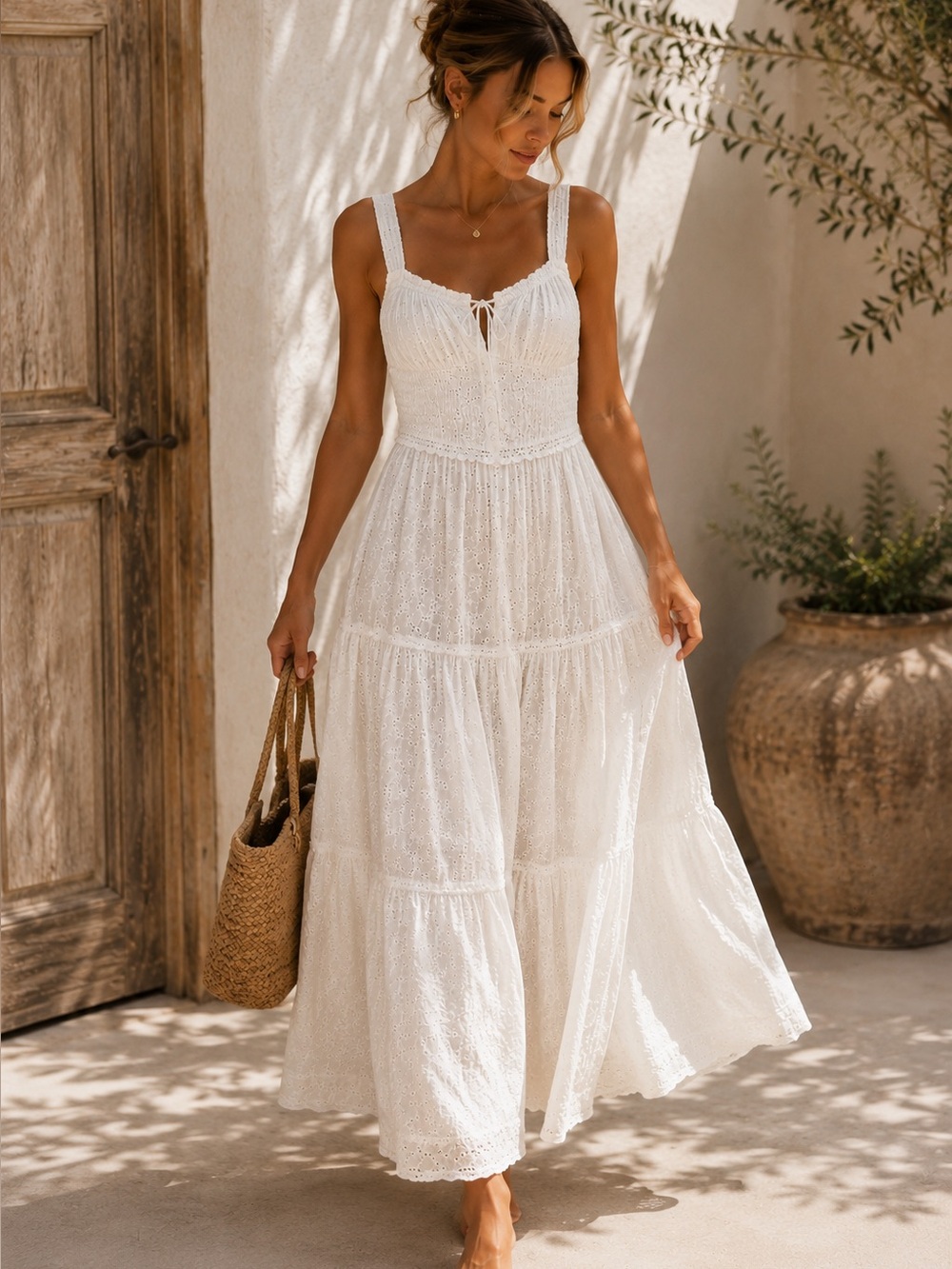 White Eyelet Smocked Maxi Dress M NWT - Picture 2 of 12